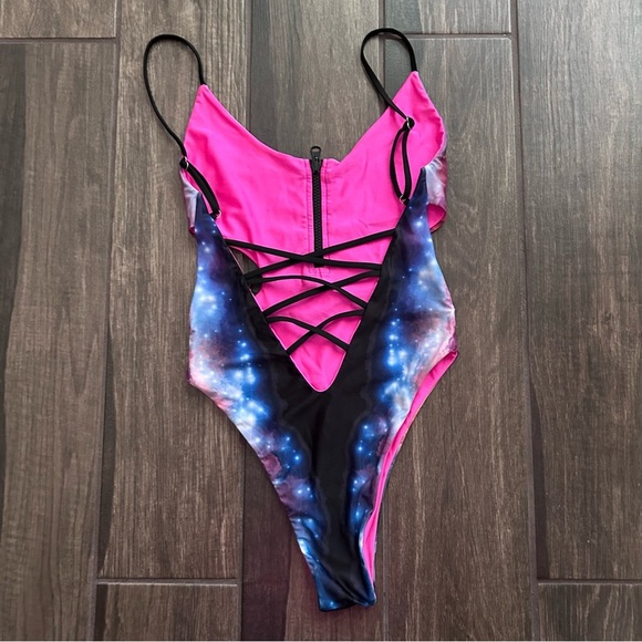 Satellite Island One Piece Swimsuit in Galaxy/Flamingo Reversible Sz S - Picture 6 of 6